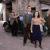 From All Creatures Great and Small Series 3: Siegfried Farnon (Samuel West), James Herriot (Nicholas Ralph), Helen Herriot (Rachel Shenton), Tristan Farnon (Callum Woodhouse), Mrs Hall (Anna Madeley). Picture: Helen Williams / Playgorund / Ch5