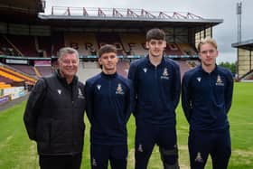 Left to right: Mark Litherland, Bradford City's head of academy with Gabriel Wadsworth; Zac Hadi and Harry Ibbitson. Picture courtesy of Bradford City AFC.