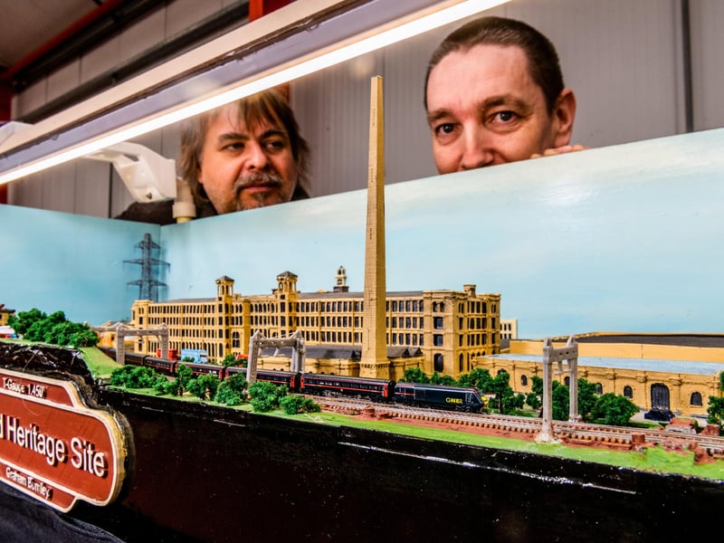 Phil Boyle, and Graham Burnley, with their T-Gauge 1.450 scale layout of Saltaire Mills near Shipley.