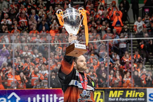 CHAMPION MOMENT: Sheffield Steelers’ captain Robert Dowd lifts the trophy after beating Guildford Flames 3-1 in the Challenge Cup Final. Picture: Tony Johnson.