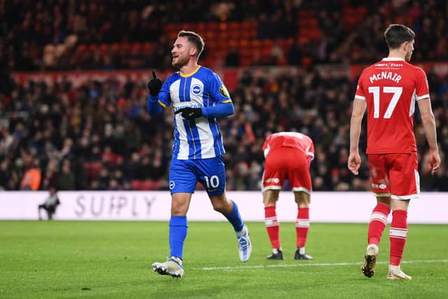 MIDDLESBROUGH, ENGLAND - JANUARY 07: Alexis Mac Allister of Brighton & Hove Albion celebrates after scoring the team's fourth goal during the Emirates FA Cup Third Round match between Middlesbrough and Brighton & Hove Albion at Riverside Stadium on January 07, 2023 in Middlesbrough, England. (Photo by Stu Forster/Getty Images)