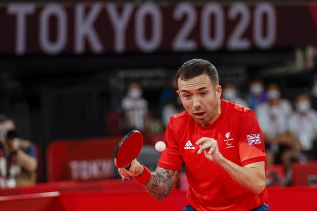 Will Bayley of Team Great Britain competes with Yan Shuo of Team China in mens singles class 7 gold medal match table tennis on day 5 of the Tokyo 2020 Paralympic Games (Picture: Tasos Katopodis/Getty Images)