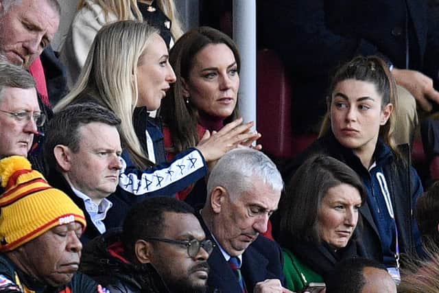 The Princess of Wales looks on from her seat during the game at the DW Stadium. (Photo by AFP /AFP via Getty Images)