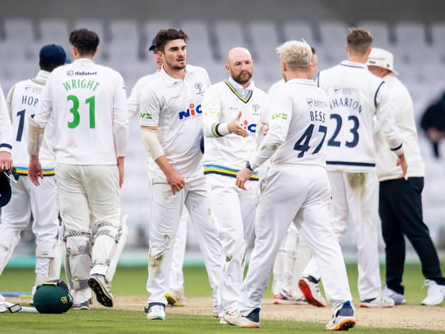 Adam Lyth, Yorkshire's stand-in captain, consoles the players after defeat in the opening match of the season against Leicestershire at Headingley. The club are now bottom of the County Championship Second Division with just over a third of the season completed. Picture by Allan McKenzie/SWpix.com