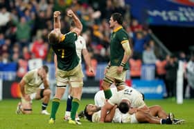 THE HIGHS AND THE LOWS: South Africa's Pieter-Steph du Toit (centre) celebrates at the final whistle after edging out England in their World Cup semi-final at the on Saturday night. Stade de France Picture: David Davies/PA
