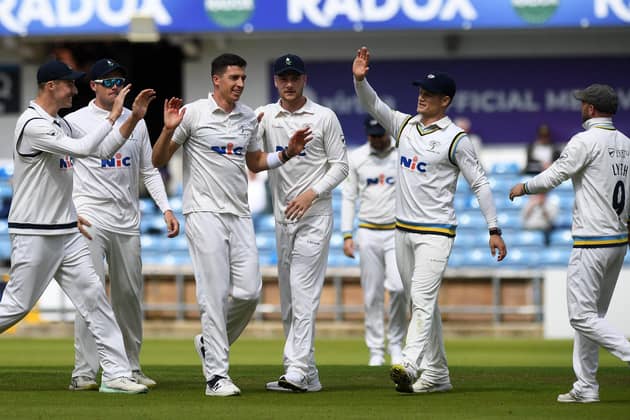 Yorkshire's Matthew Fisher celebrates a wicket against Sussex. Picture Jonathan Gawthorpe