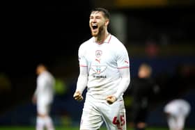 Barnsley's John McAtee celebrates after the final whistle in the Sky Bet League One match at Oxford United last month. Photo: David Davies/PA Wire.