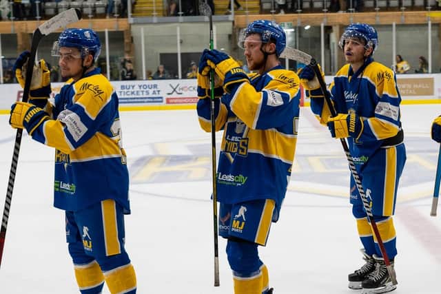 ALL TOGETHER NOW: Dylan Hehir (left), Josh Hodgkinson and Bailey Perre (right) have all impressed on Leeds Knights' blue line. Picture courtesy of Oliver Portamento