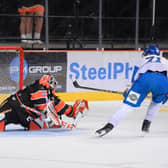 WINNING STRIKE: Fife Flyers' Mikael Johansson beats Matt Greenfield in the shoot-out to win the Challenge Cup semi-final at the Utilita Arena on Wednesday night. Picture courtesy of Dean Woolley/Steelers Media/EIHL