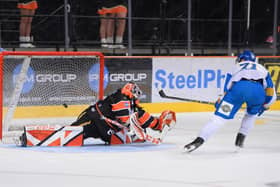 WINNING STRIKE: Fife Flyers' Mikael Johansson beats Matt Greenfield in the shoot-out to win the Challenge Cup semi-final at the Utilita Arena on Wednesday night. Picture courtesy of Dean Woolley/Steelers Media/EIHL