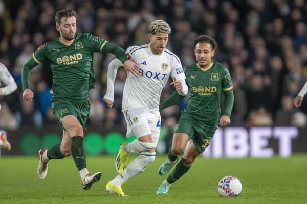 OPPORTUNITY KNOCKS: Leeds United's Mateo Joseph, pictured battling with Plymouth's Matt Butcher and Matthew Sorinola in the FA Cup Fourth Round at Elland Road in January, provided a welcome boost to Daniel Farke's selection options over Easter. Picture: Tony Johnson.