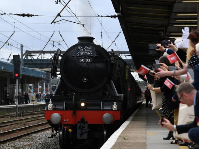 The Flying Scotsman locomotive arrives at Doncaster Station