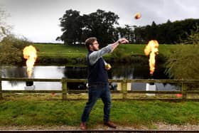 Apple Throwing Championships at Newby Hall and Gardens, located near Ripon. Alex McDonnell takes part in the Apple Throwing Championships Picture taken by Yorkshire Post Photographer Simon Hulme 1st October 2023