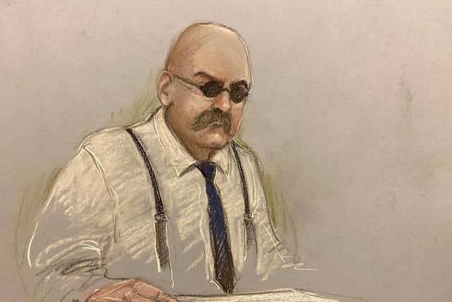 Court artist sketch by Elizabeth Cook of notorious inmate Charles Bronson, appearing via video link from HMP Woodhill, during his public parole hearing at the Royal Courts Of Justice, London.(Photo credit: Elizabeth Cook/PA Wire)