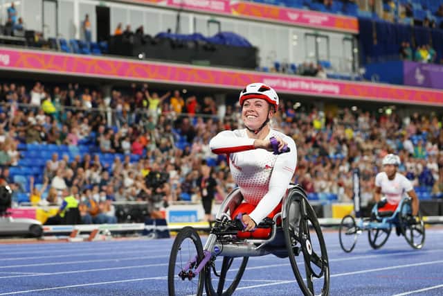 Hannah Cockroft of Team England celebrates winning the Gold medal in the Women's T33/34 100m Final on day five of the Birmingham 2022 Commonwealth Games at Alexander Stadium on August 02, 2022 in the Birmingham, England. (Picture: Michael Steele/Getty Images)