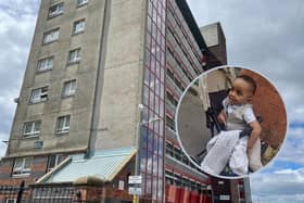 The Saville Green tower block in Leeds and, inset, one-year-old Exodus Eyob, who died after falling from the window of a block of flats. Inset image: PA.