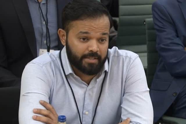 Former cricketer Azeem Rafiq giving evidence at the inquiry into racism he suffered at Yorkshire County Cricket Club, at the Digital Culture Media and Sport (DCMS) committee on sport governance at Portcullis House in London. PIC:  House of Commons/PA Wire