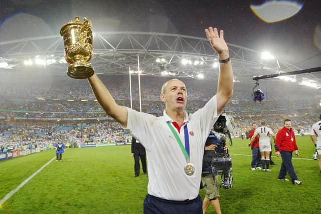 The architect: English coach Clive Woodward holding the Webb Ellis Cup after winning the Rugby World Cup final at the Olympic Park Stadium in Sydney, 22 November, 2003 (Picture: ODD ANDERSEN/AFP via Getty Images)
