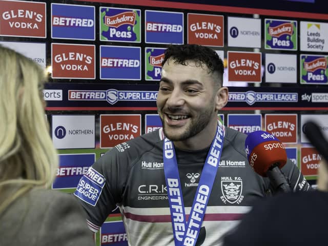 Jake Connor is awarded the Betfred man of the match award after victory over Leeds Rhinos. (Picture: Allan McKenzie/SWpix.com)