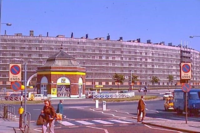 Leeds had been transformed during the 1930s – the Quarry Hill flats would open, overlooking the roundabout, around five years after the new Eastgate was completed. The flats were the largest social housing site in the country, and remained on site until demolition in 1978. This photo, from 1971, shows the view from the bottom of Eastgate with Oastler House, the largest of the houses which made up Quarry Hill Flats, in the background.
