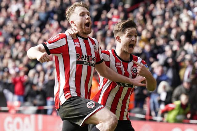 Tommy Doyle of Sheffield Utd celebrates with James McAtee after he scores to make it 3-2 during the The FA Cup quarter-final against Blackburn (Picture: SportImage)