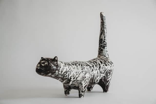 The rare black-and-white ceramic cat, created by David Hockney in 1955.