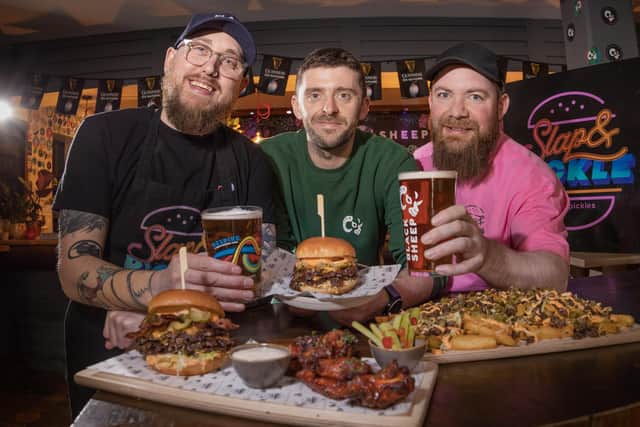Left to right: Slap & Pickle’s Adam Hulme, Ben Etherington from Black Sheep Brewery and Simon Barnes from Slap & Pickle at the Black Sheep Tap & Kitchen. Picture: Matt Roberts