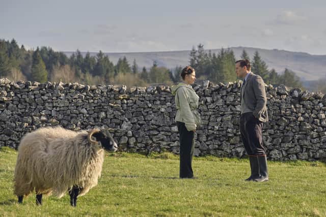 A still from the second series of All Creatures Great and Small, on Channel 5. Helen Alderson (Rachel Shenton) with James Herriot (Nicholas Ralph). Credit: Matt Squire/Playground Television (UK) Ltd.