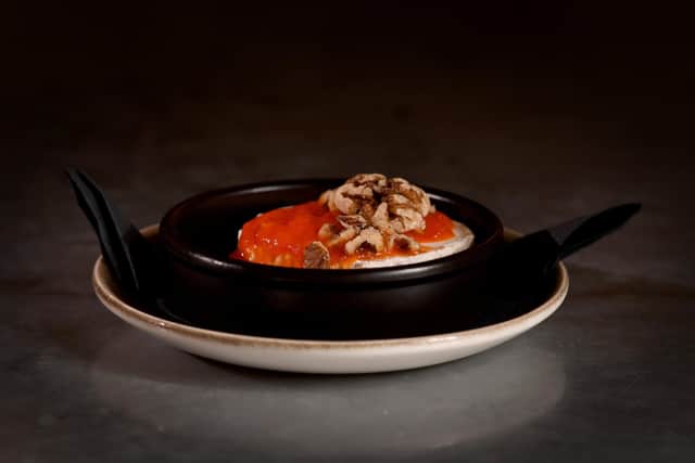 Goats Cheese topped with Sweet Pepper Sauce and Walnuts. Picture: Simon Hulme.  ,