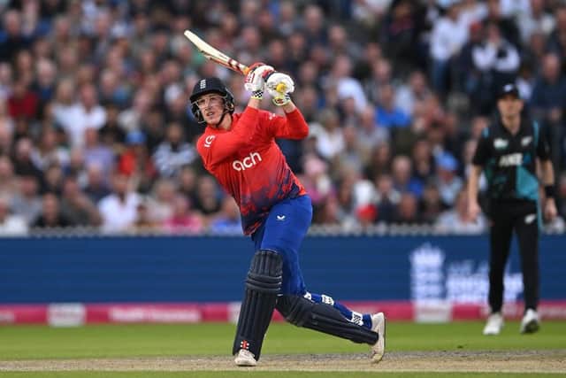 MANCHESTER, ENGLAND - SEPTEMBER 01: England batsman Harry Brook hits a six  during the 2nd Vitality T20I match between England and New Zealand at Emirates Old Trafford on September 01, 2023 in Manchester, England. (Photo by Stu Forster/Getty Images)