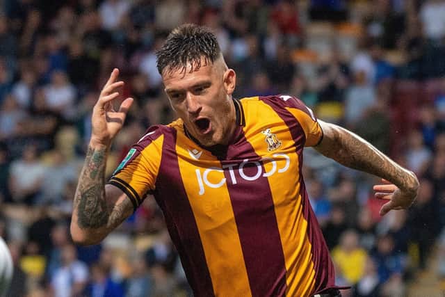 TOP MAN: Andy Cook scored Bradford City's first against Colchester United late on before setting up a second goal for the home side. Picture: Bruce Rollinson