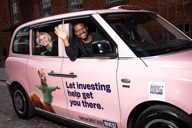 Anna Brading and Rotimi Merriman Johnson mark the launch of Savvy Cabs in Manchester as part of the nationwide, government‑endorsed and industry‑funded Invest for the Future campaign. Picture: James Speakman/PA Media Assignments