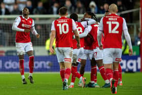 DECISIVE GOAL: Christ Tiehi (left) celebrates the stoppage-time goal which earned Rotherham United a point against Ipswich Town
