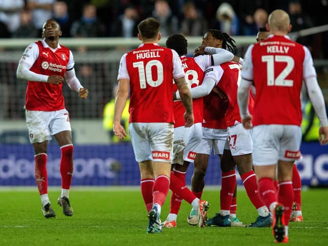 DECISIVE GOAL: Christ Tiehi (left) celebrates the stoppage-time goal which earned Rotherham United a point against Ipswich Town