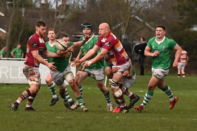 Wharfedale (green kit) playing at Fylde in National Two North in January (Picture: Michelle Adamson)