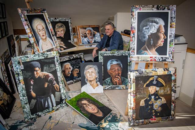 Alan Rogan surrounded by the famous faces he's painted at home in Leeds. Picture: Tony Johnson.