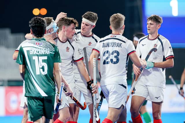 Tom Sorsby, third left, is congratulated for scoring a goal in the Olympic qualifier in Oman at the weekend (Picture: World Sport Pics / GB Hockey)


WORLDSPORTPICS COPYRIGHT
Rodrigo Jaramillo