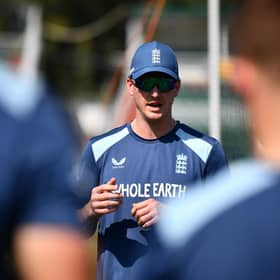 England captain Harry Brook leads the team talk ahead of Tuesday's match against Pakistan. Photo by Sameer Ali/Getty Images