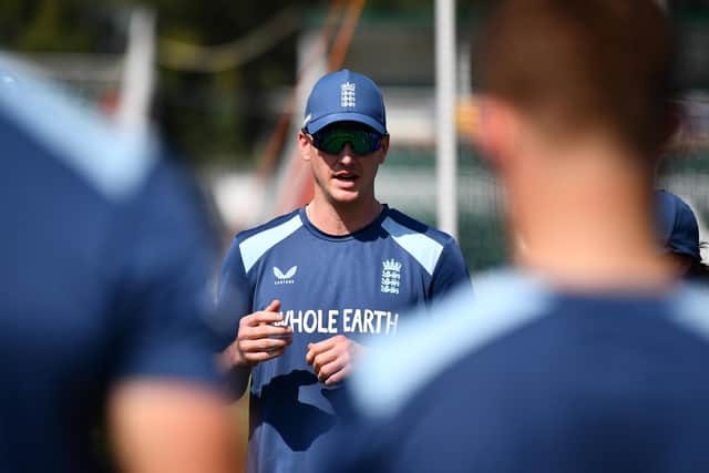 England captain Harry Brook leads the team talk ahead of Tuesday's match against Pakistan. Photo by Sameer Ali/Getty Images