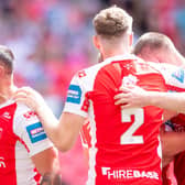 Hull KR's Elliott Minchella celebrates Jez Litten's try against Leigh in the Challenge Cup final before later receiving a yellow card (Picture: Allan McKenzie/SWpix.com)
