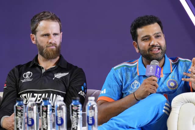 ALMOST THERE: India's captain Rohit Sharma, right speaks as New Zealand's captain Kane Williamson looks on during the captain's press conference on the eve of the ICC Men's Cricket World Cup in Ahmedabad Picture: AP Photo/Ajit Solanki