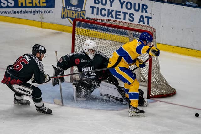NOT THIS TIME: Hull Seahawks' netminder Jordan McLaughlin repels another Leeds Knights attack, eventually turning away 41 of the 45 shots on his net during Sunday night's NIHL National clash at Elland Road Ice Arena. Picture courtesy of Oliver Portamento