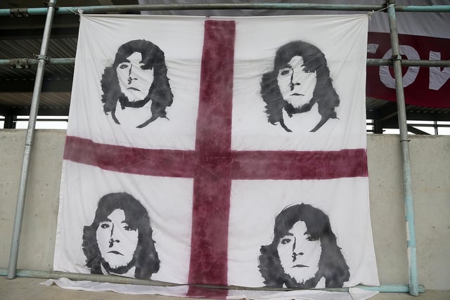 Banners depicting John-Joe O'Toole of Northampton Town are seen on the unfinished East Stand during the Sky Bet League Two match between Northampton Town and Stevenage at Sixfields Stadium on October 24, 2015.