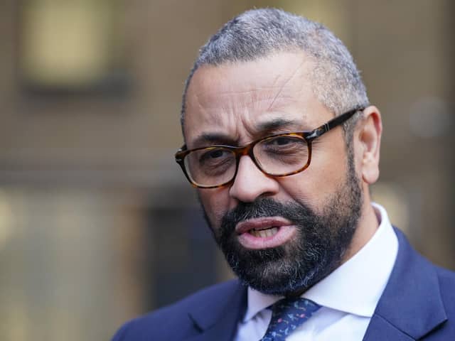 Home Secretary James Cleverly speaking to the media. PIC: Jonathan Brady/PA Wire