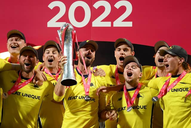 Hampshire captain James Vince lifts the Vitality Blast trophy with teammates after the Vitality Blast Final match between Lancashire Lightning and Hampshire Hawks at Edgbaston on July 16, 2022. (Picture: Alex Davidson/Getty Images)