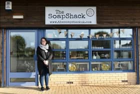 Helen Watson outsider her shop, The Soap Shack in Grimsb