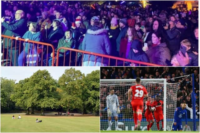 Reasons to love Chesterfield: The people,  Spireites football team pictured after scoring a goal against Chelsea (photo by Craig Mercer/MB Media/Getty Images) and Queen's Park, pictured clockwise from top.