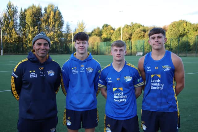 Alfie Edgell, second from right, with Chev Walker and fellow academy graduates Riley Lumb and Jack Smith. (Photo: Leeds Rhinos)