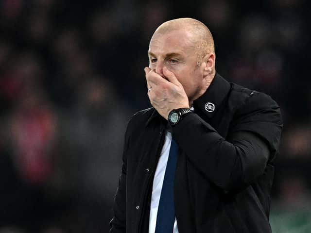 Everton manager Sean Dyche reacts during the English Premier League football match between Liverpool and Everton at Anfield in Liverpool, north west England on February 13, 2023. (Photo by PAUL ELLIS/AFP via Getty Images)