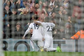 GOAL: Rodrigo celebrates opening the scoring for Leeds United
